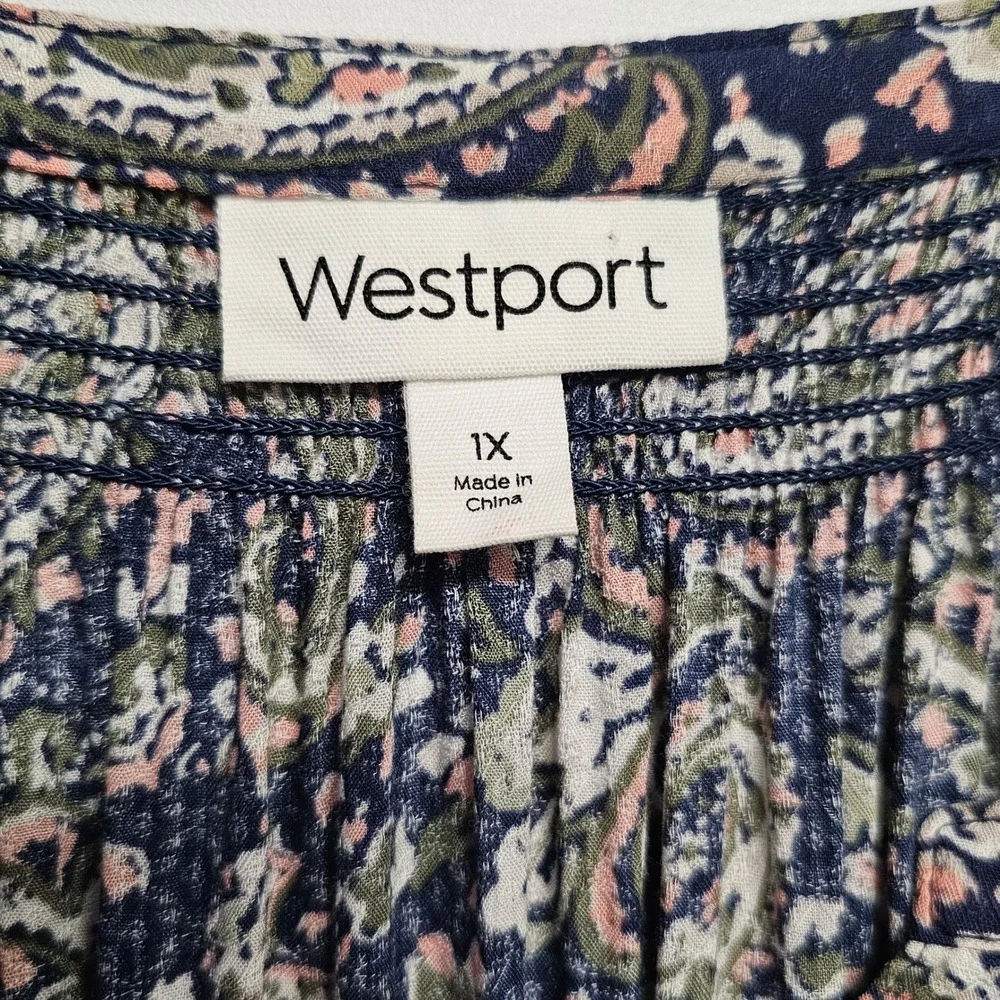 Westport Peasant Top 1X Womens Navy Paisley Smocked Tie Sleeve Button Front Boho